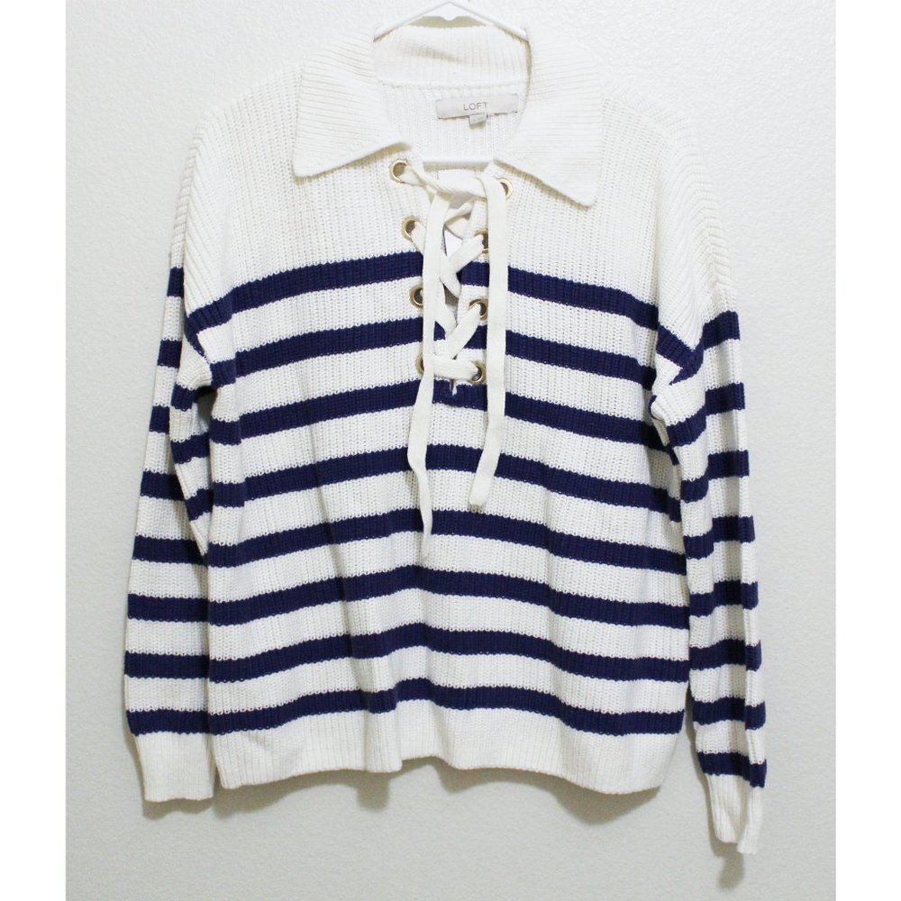 NWT LOFT Striped Lace Up Polo Sweater - Picture 3 of 6